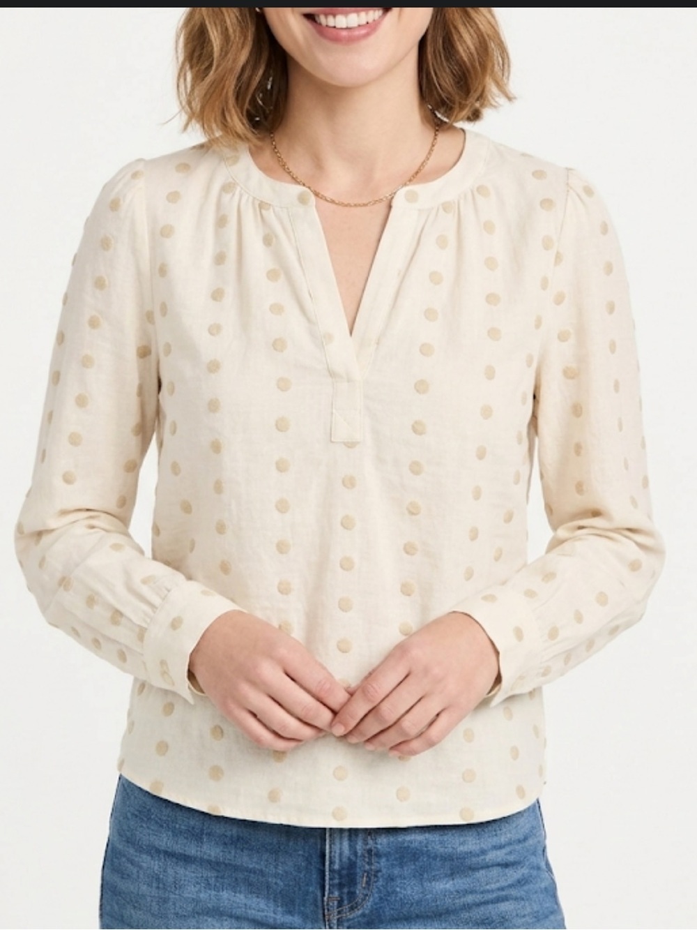 LOFT Cream no collar Blouse V-neck line Light Tan Polka Dots size SP